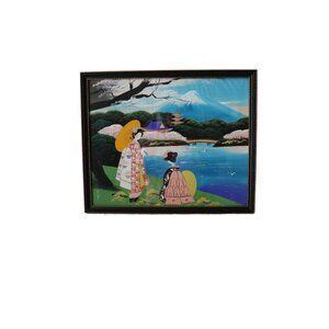 Vintage Japanese Mount Fuji Painting On Silk Geisha Pagoda Cherry Framed